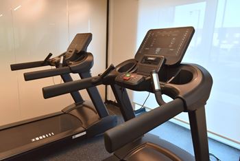 Two treadmills are placed next to each other in a room